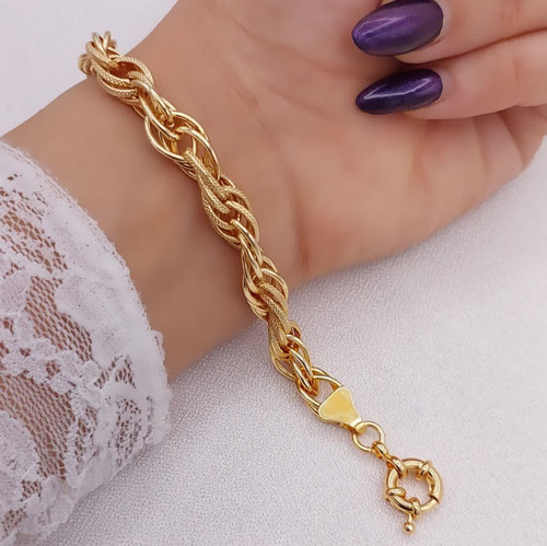 دستبند زنجیری زنانه طلا حلقهای ضخیم ترکیبی صاف و بافتدار