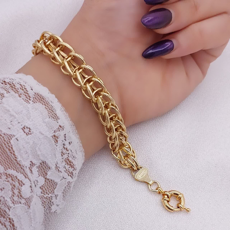 دستبند زنانه حلقهای طرح طلا زنجیر چندلایه با ترکیب حلقههای ساده