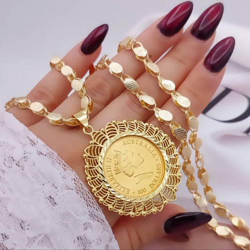 گردنبند زنانه بلند طرح طلا May Dear با پلاک سکهای کلاسیک و زنجیر یزدی